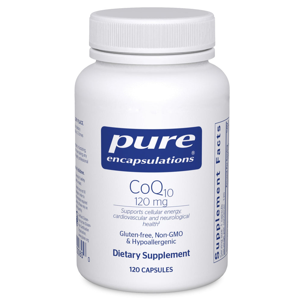 Pure Encapsulations frasco frontal, presenta CoQ10 120 mg para energía