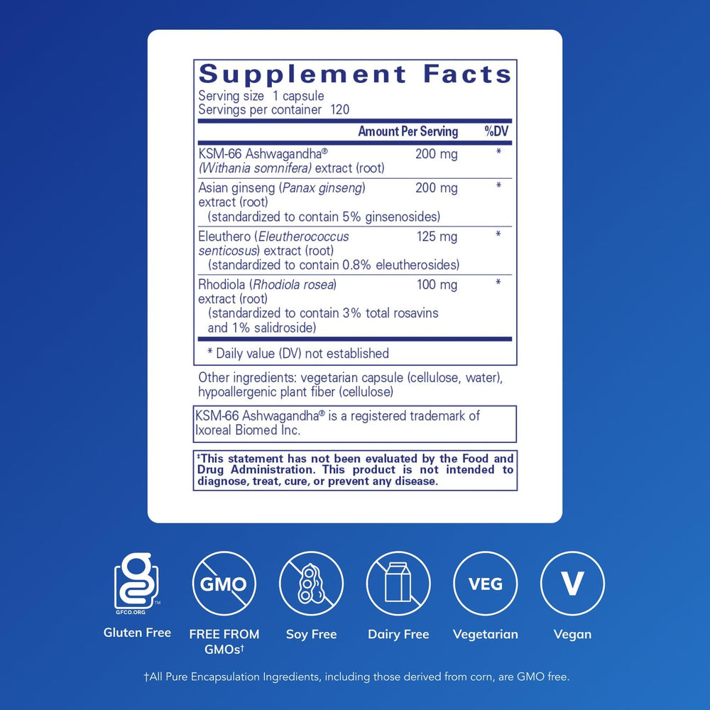 Pure Encapsulations Energy Xtra label highlighting premium adaptogen formula for daily stamina