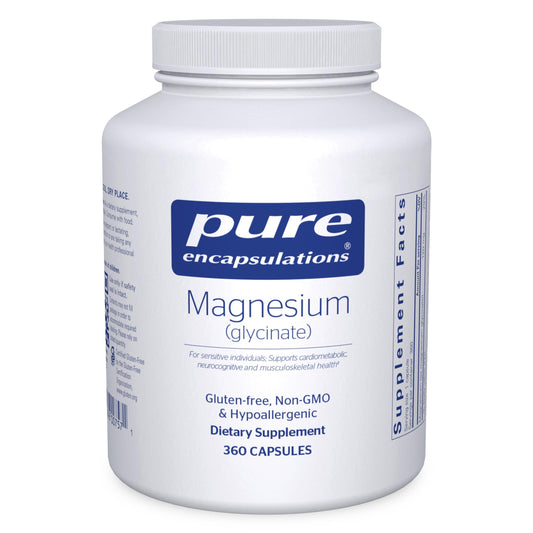 Pure Encapsulations frasco frontal mostrando 360 cápsulas y beneficio de suministro prolongado
