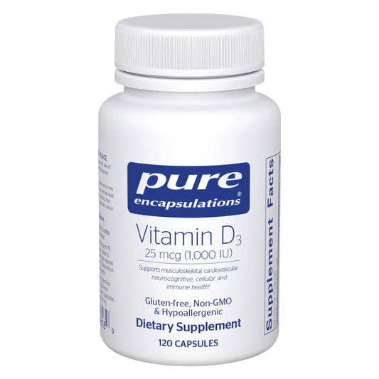 Pure Encapsulations frente del empaque mostrando botella y beneficio de pureza