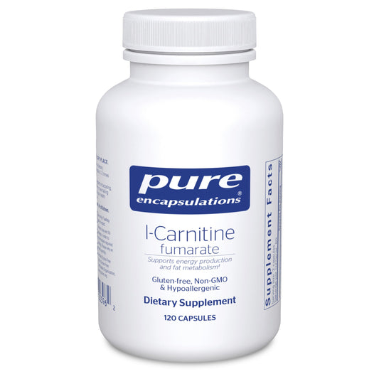 Pure Encapsulations L-Carnitine Fumarate bottle shows hypoallergenic packaging for clean energy support.