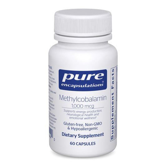 Pure Encapsulations Metilcobalamina 1000mcg, botella frontal, posible apoyo a la memoria y salud nerviosa.