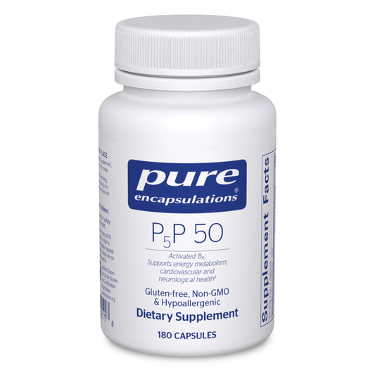 Pure Encapsulations frasco frontal mostrando P5P 50 y beneficios claros