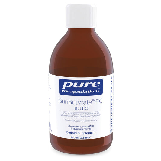 Pure Encapsulations SunButyrate-TG Liquid en botella frontal, posible apoyo a la función intestinal.