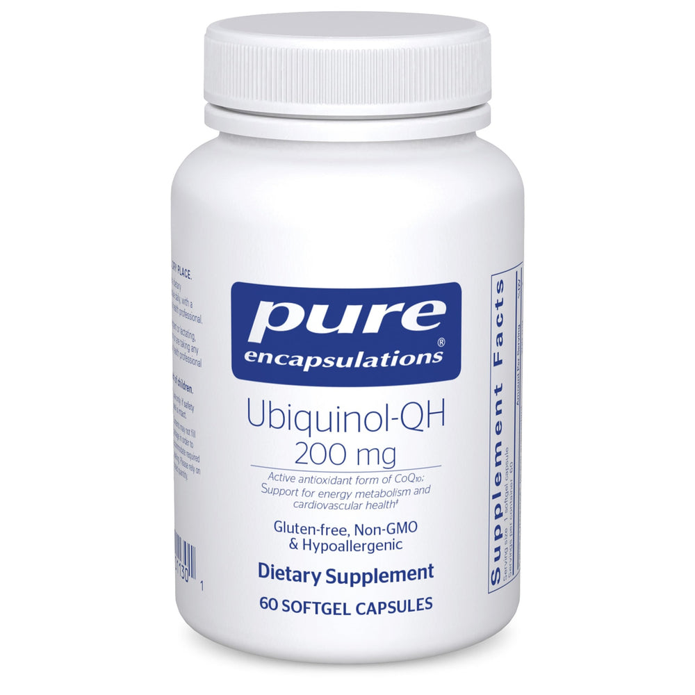 Pure Encapsulations envase frontal mostrando Ubiquinol-QH y beneficio de calidad