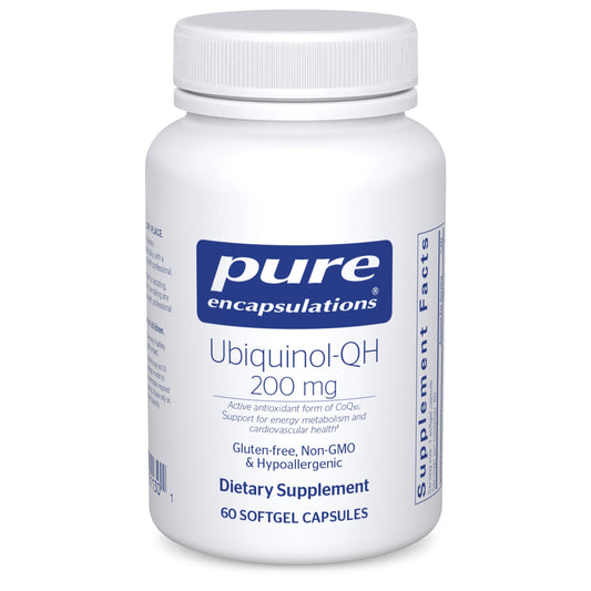 Pure Encapsulations envase frontal mostrando Ubiquinol-QH y beneficio de calidad