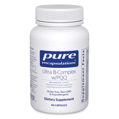Pure Encapsulations botella frontal mostrando Ultra B-Complex y beneficios claros