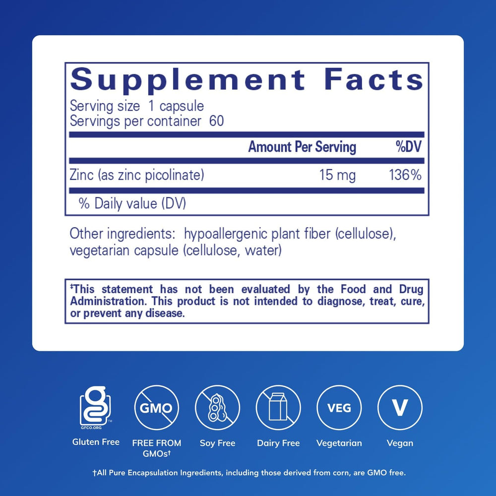 Pure Encapsulations etiqueta con información de ingredientes y pureza