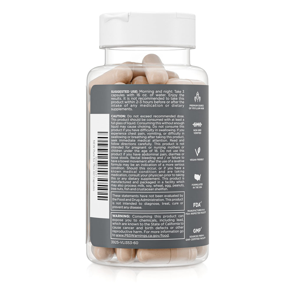 Pure for Men detalle de psyllium en polvo mostrando textura hidratable