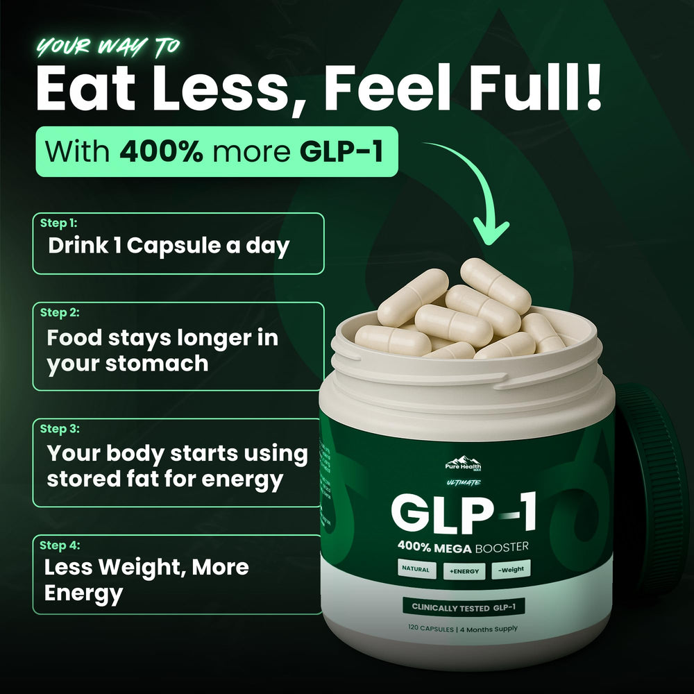 PURE HEALTH MAX botella abierta con cápsulas lista para la toma diaria