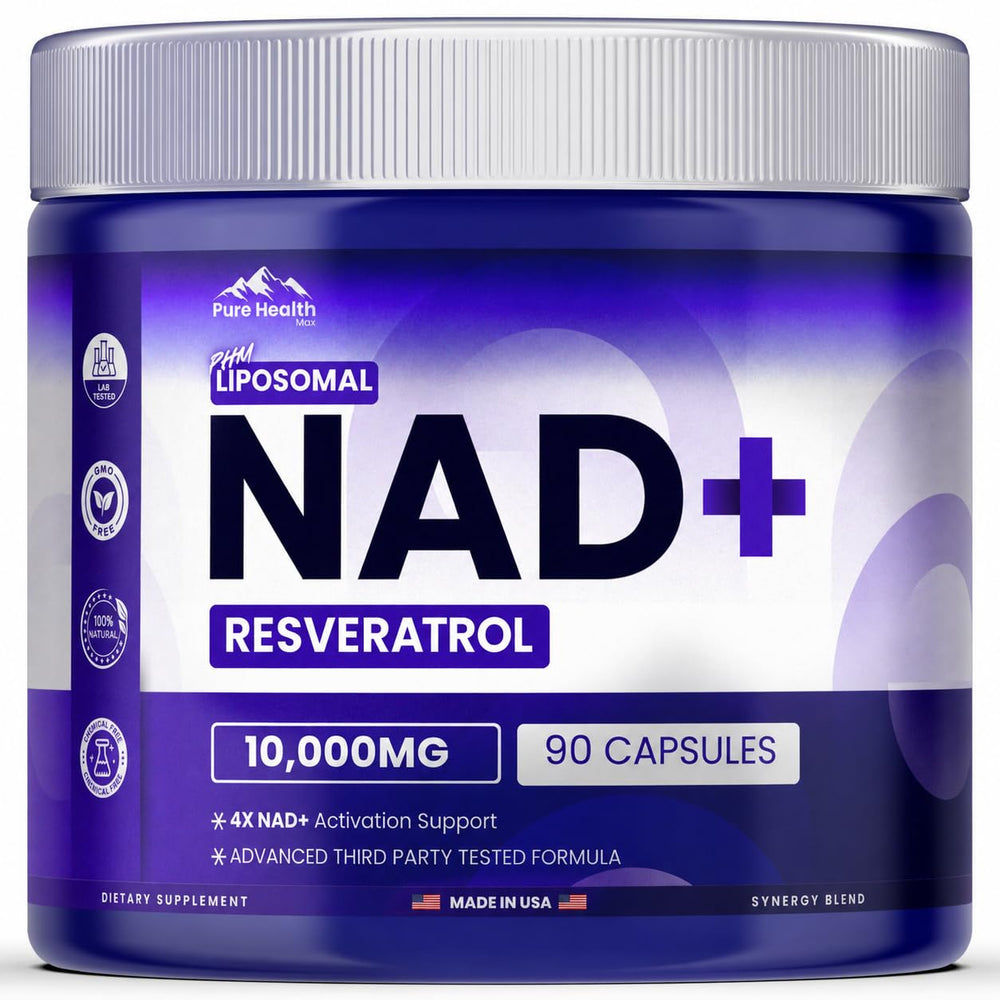 PURE HEALTH MAX frasco delantero mostrando etiqueta y beneficios