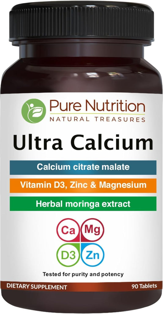 Pure Nutrition frasco Ultra Calcium al frente mostrando etiqueta y nombre, beneficio claridad informativa