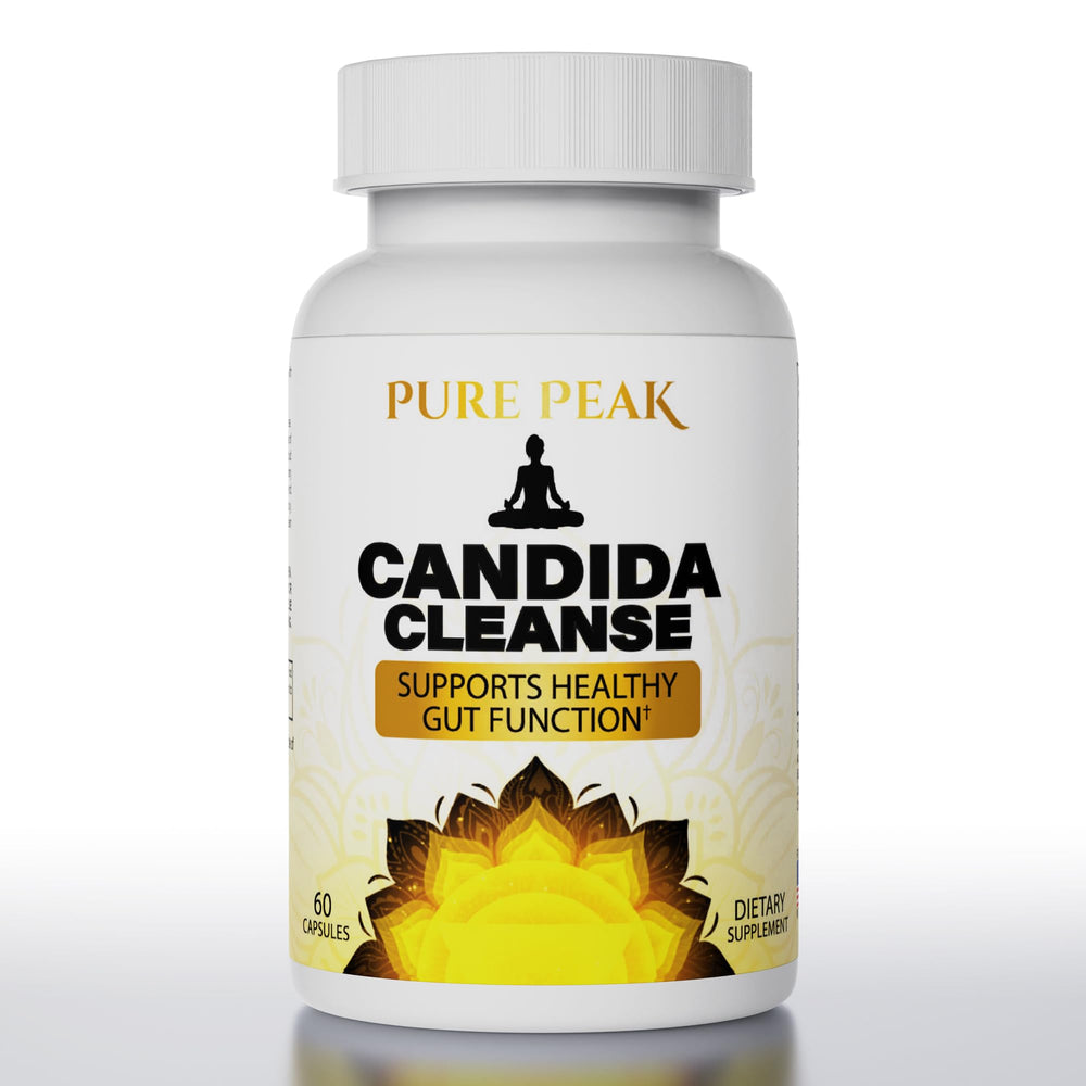 Pure Peak envase frontal mostrando etiquetas claras y beneficios para equilibrio intestinal