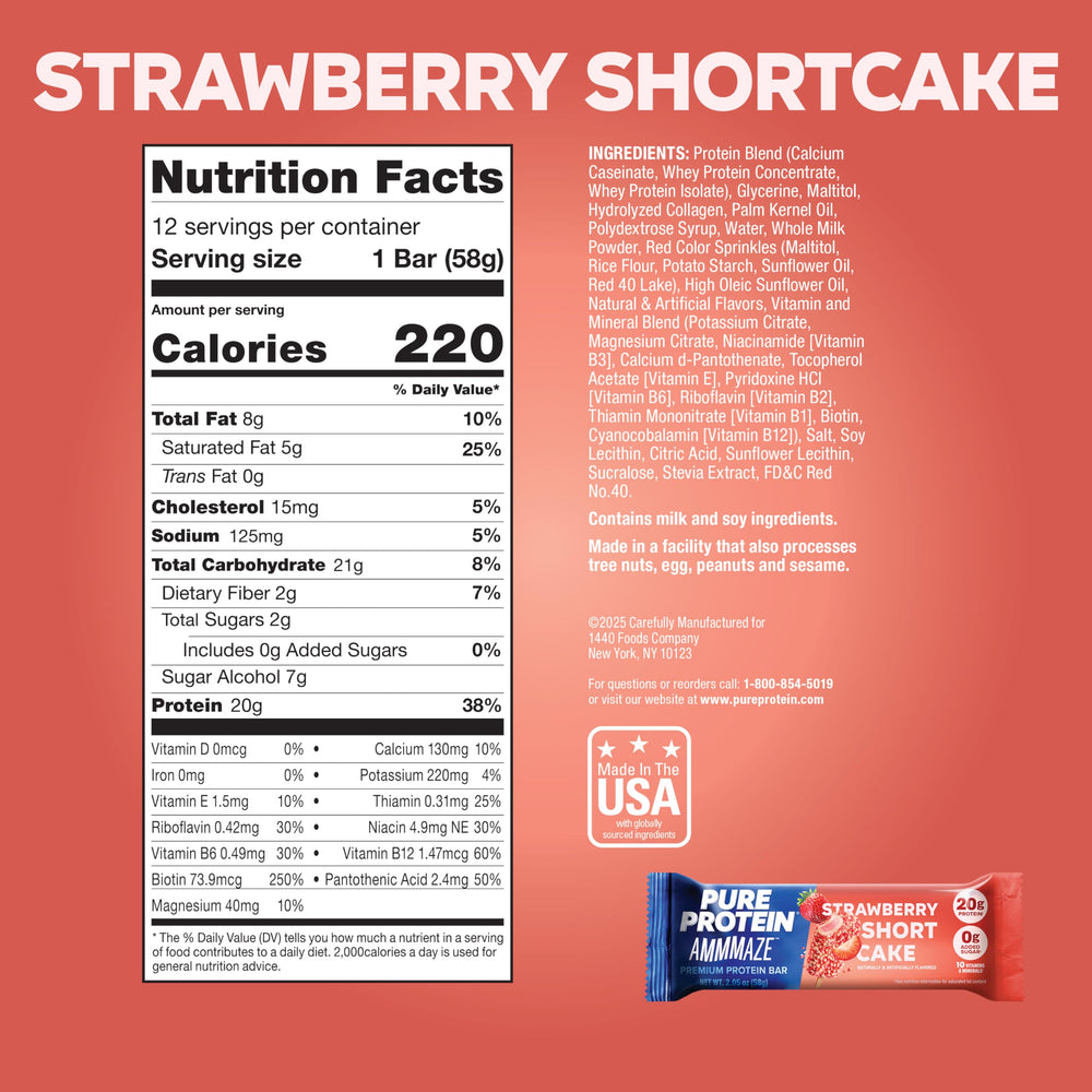 Pure Protein barra cortada revelando centro sabor pastel de fresa y proteína