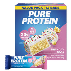 Pure Protein envase frontal Birthday Cake con diseño y beneficios visibles