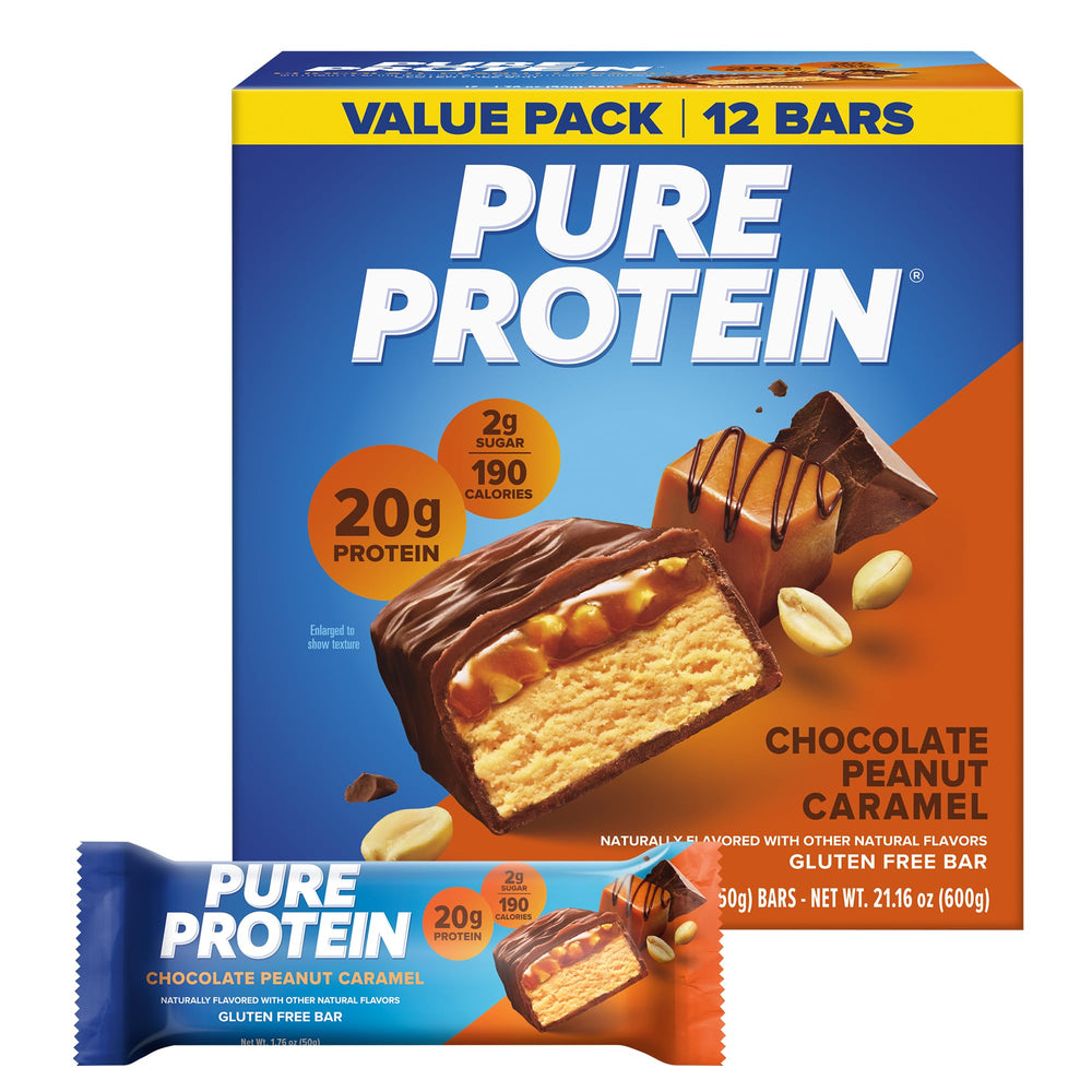Pure Protein empaque frontal mostrando 12 barras, conveniencia inmediata