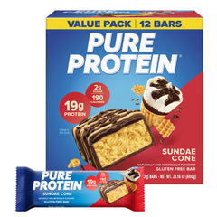Pure Protein paquete frontal mostrando 12 barritas, conveniencia y ahorro