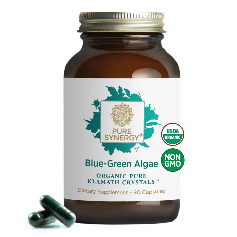 Pure Synergy blue-green algae capsules in bottle offering natural energy support