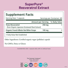 PURE SYNERGY etiqueta detalle con información de resveratrol y orgánico