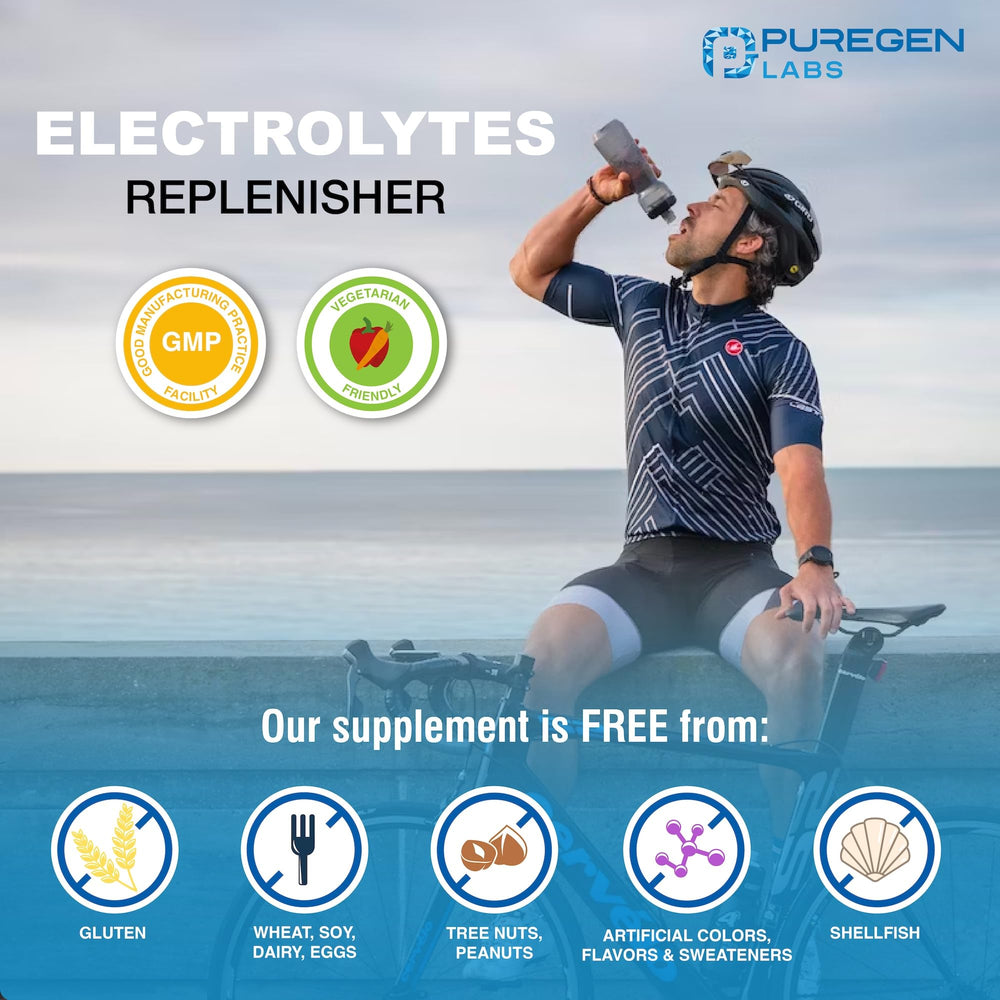 P Puregen Labs tableta junto a botella deportiva listos para reponer electrolitos eficientemente