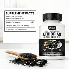 PURELYNUTRIENT semillas negras etíopes crudas que ilustran origen y pureza