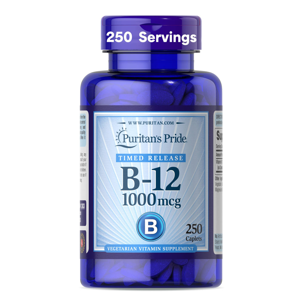 Puritan's Pride frasco frontal de B‑12 1000 mcg con 250 caplets para suministro prolongado