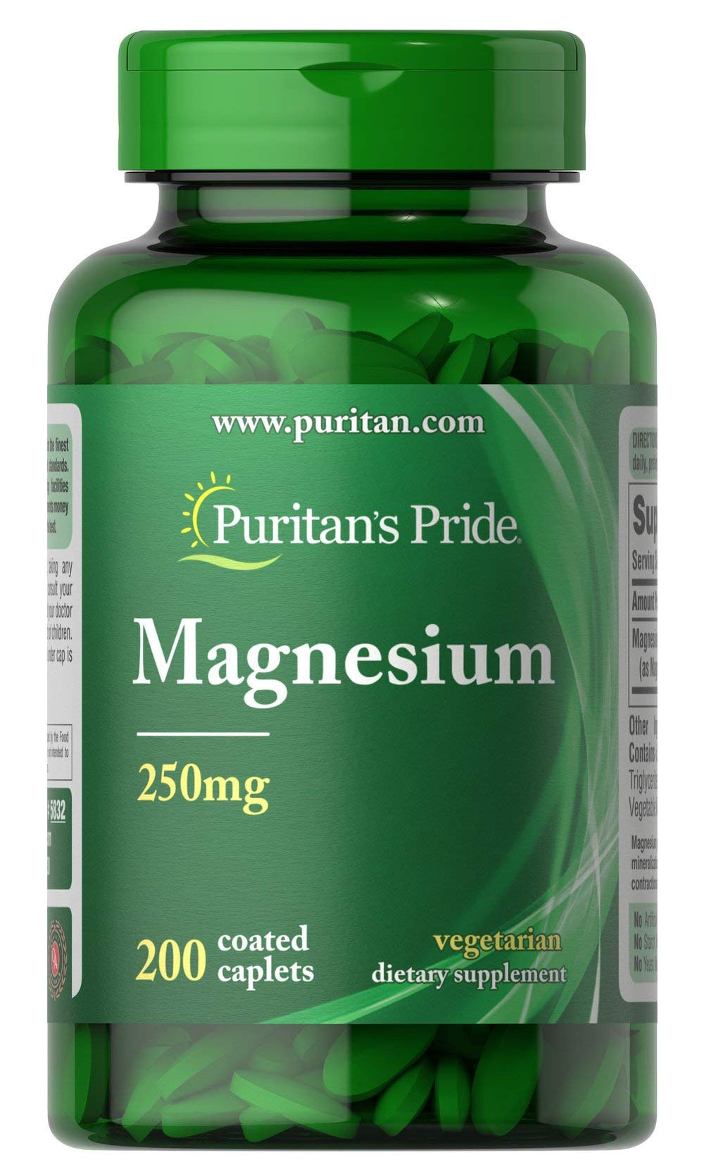 Puritan's Pride Magnesium 250 mg bottle shown, supports muscle function and mineral balance.
