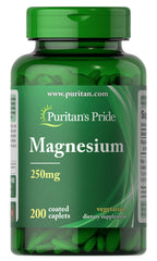 Puritan's Pride Magnesium 250 mg bottle shown, supports muscle function and mineral balance.