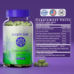 Purple Tree suplemento junto a un vaso de agua en cocina, rutina diaria