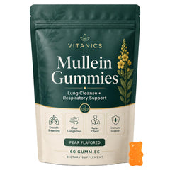 QNJIX - envase frontal de Vitanics Mullein Gummies mostrando 60 gomitas