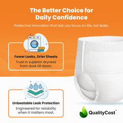 QUALITYCOST pañal colocado en maniquí mostrando ajuste lateral y protección contra fugas