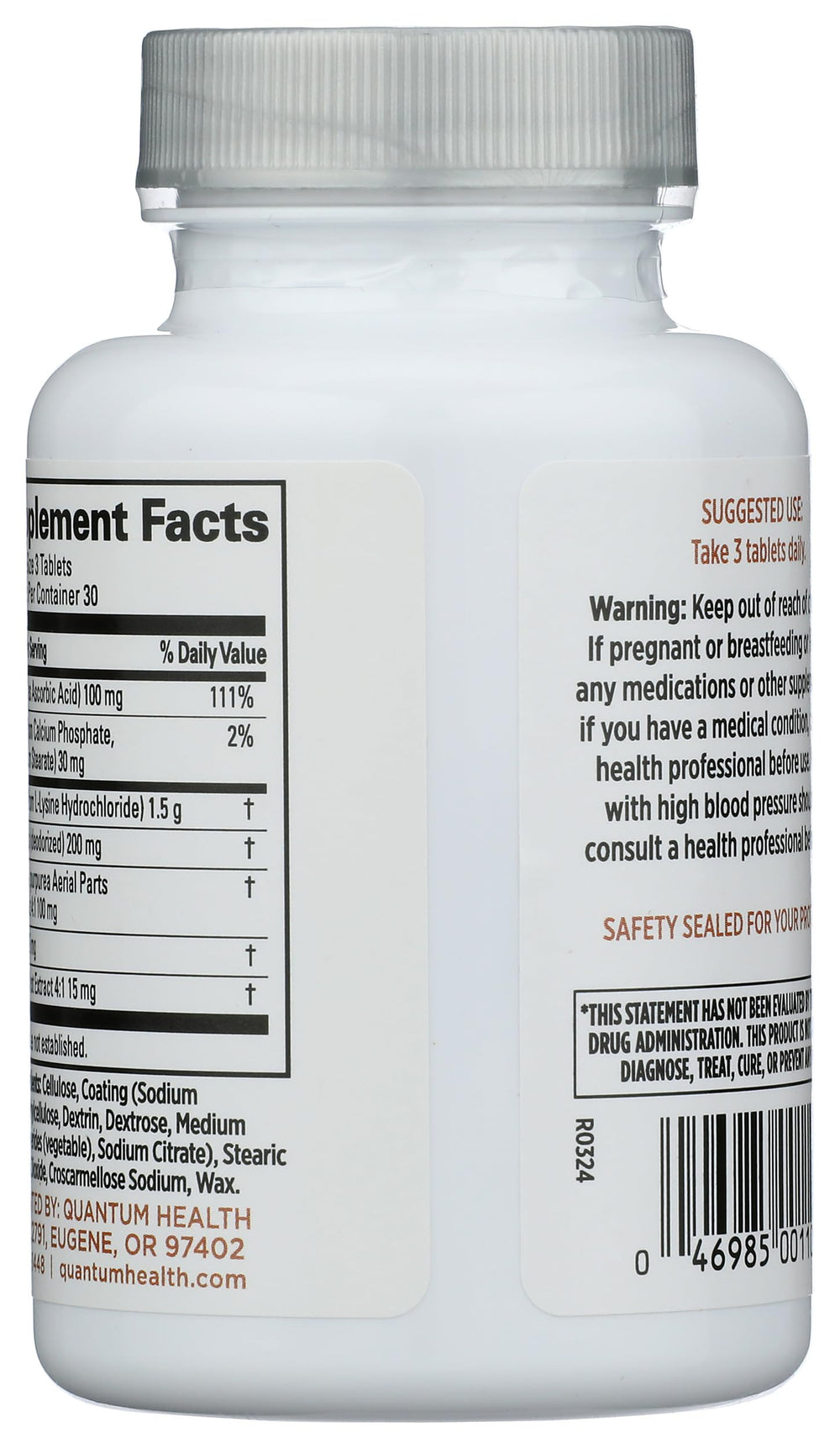 Quantum Super Lysine Tabletas, etiqueta visible, información clara para la dosis