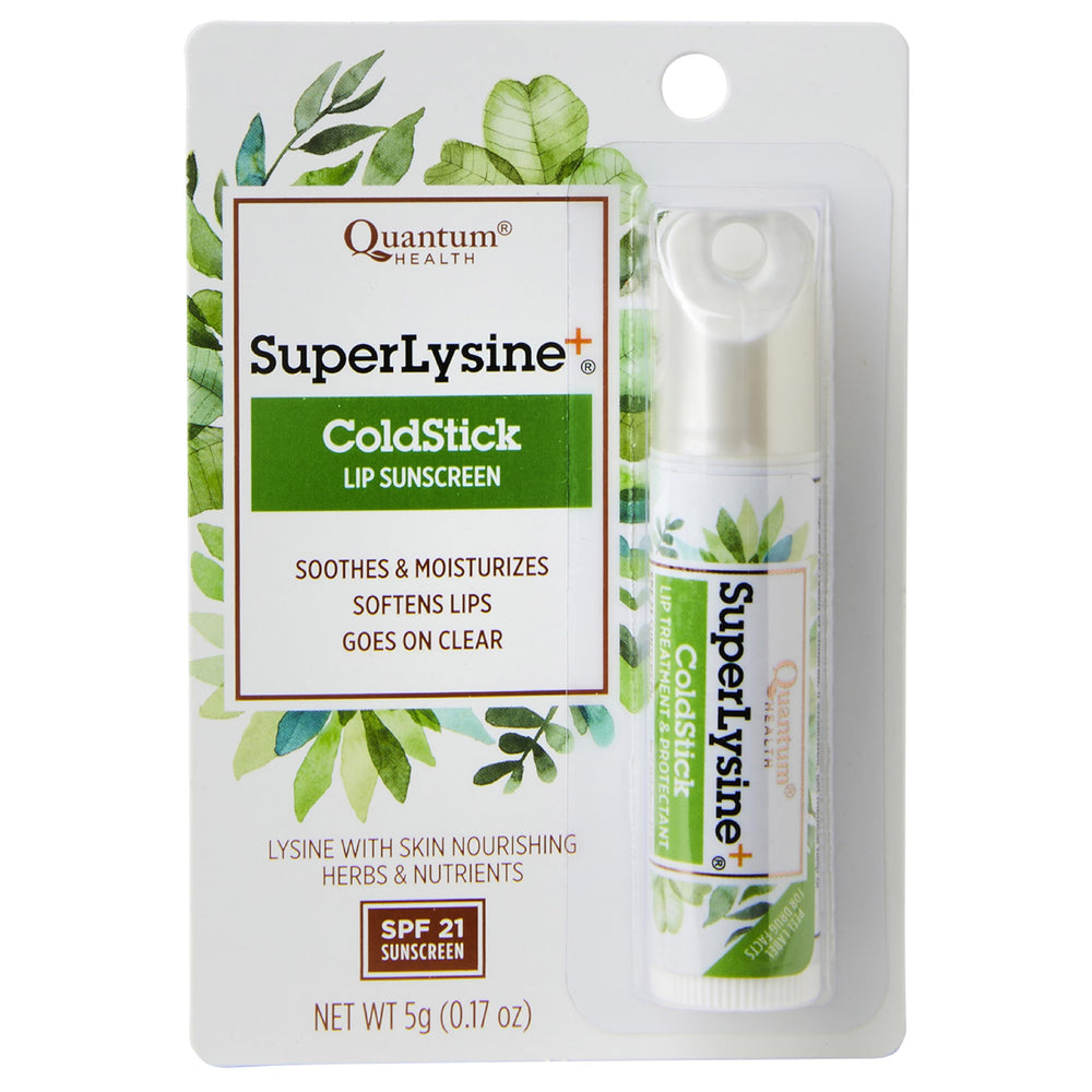Quantum SuperLysine ColdStick vista frontal del envase con SPF 21, protección práctica