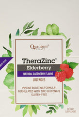 Quantum Zinc Elderberry Raspberry Lozenge packaging closeup highlighting clean, all-natural ingredients