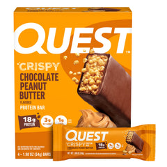Quest vista frontal del paquete mostrando sabor chocolate y mantequilla de cacahuete y conveniencia