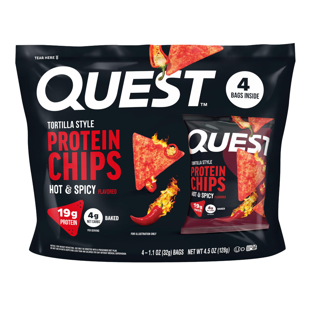 Quest bolsa frontal mostrando diseño y sabor Hot & Spicy, ideal para reconocer el producto