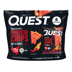 Quest bolsa frontal mostrando diseño y sabor Hot & Spicy, ideal para reconocer el producto