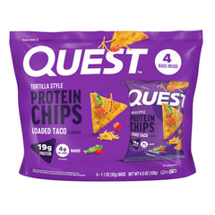 Quest empaque frontal sabor Loaded Taco mostrando porciones individuales y conveniencia