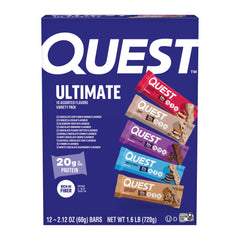 Quest pack frontal mostrando caja y barras variadas, conveniencia inmediata