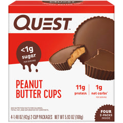 Quest cup frontal del paquete mostrando cuatro envoltorios y beneficio portabilidad