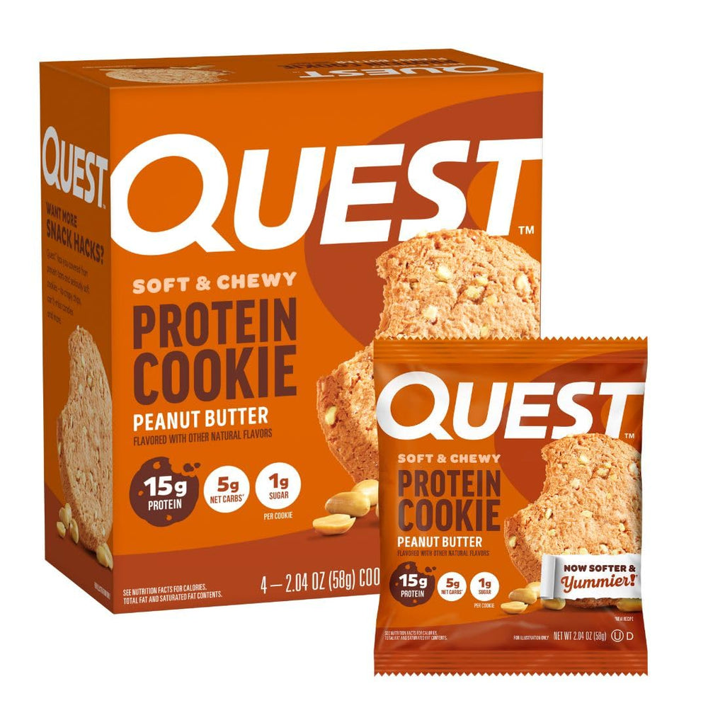Quest galleta frontal en caja mostrando 4 unidades y conveniencia