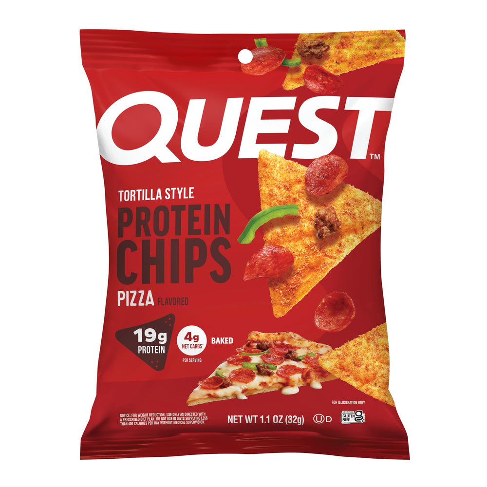 Quest empaque frontal mostrando sabor pizza y información nutricional clara