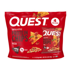 Quest empaque frontal de Pizza Tortilla Style Protein Chips mostrando beneficios y porciones