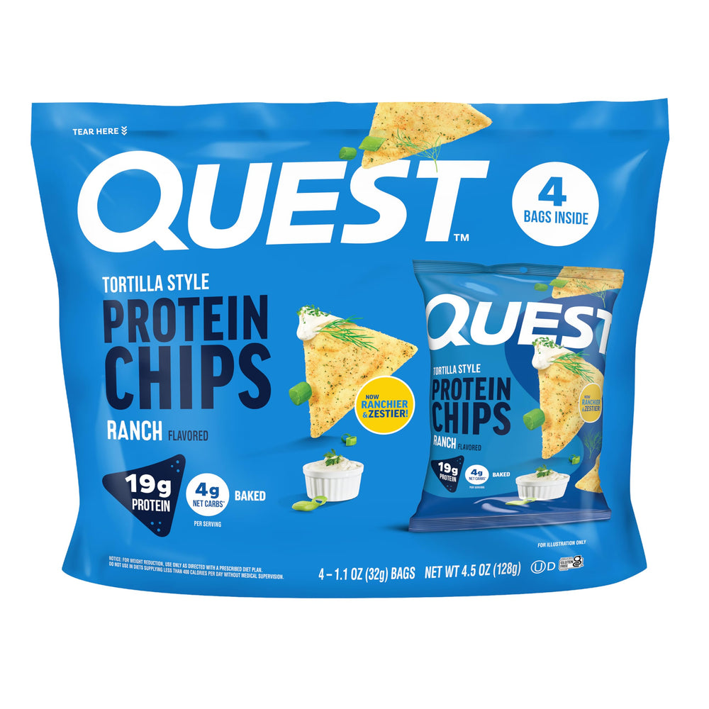 Quest empaque frontal mostrando sabor ranch y beneficios proteicos