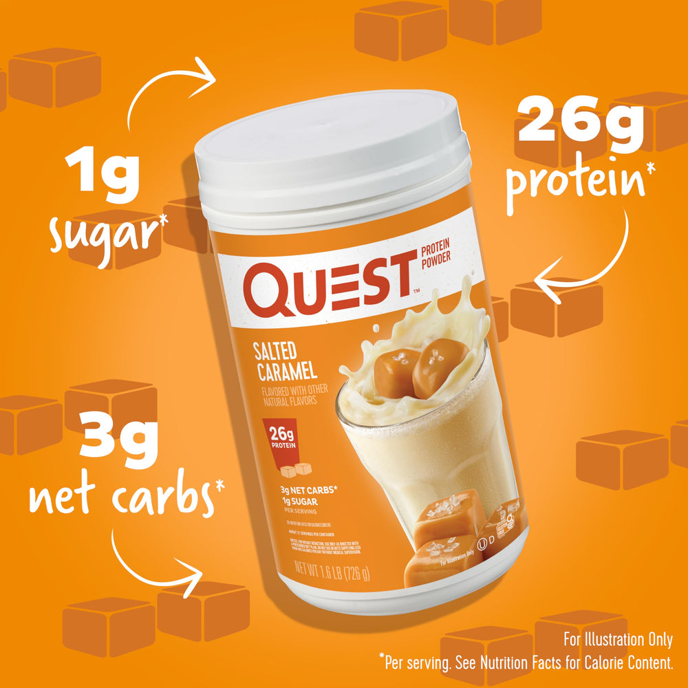 Quest primer plano del polvo Salted Caramel, textura fina y mezcla fácil