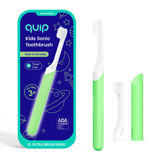 Quip cepillo frontal y empaque mostrando beneficios de temporizador