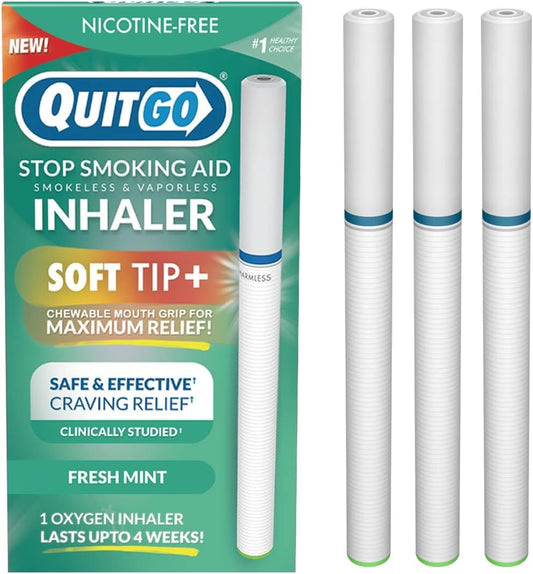 QuitGo inhalador frente del empaque mostrando 3 unidades y beneficio de portabilidad