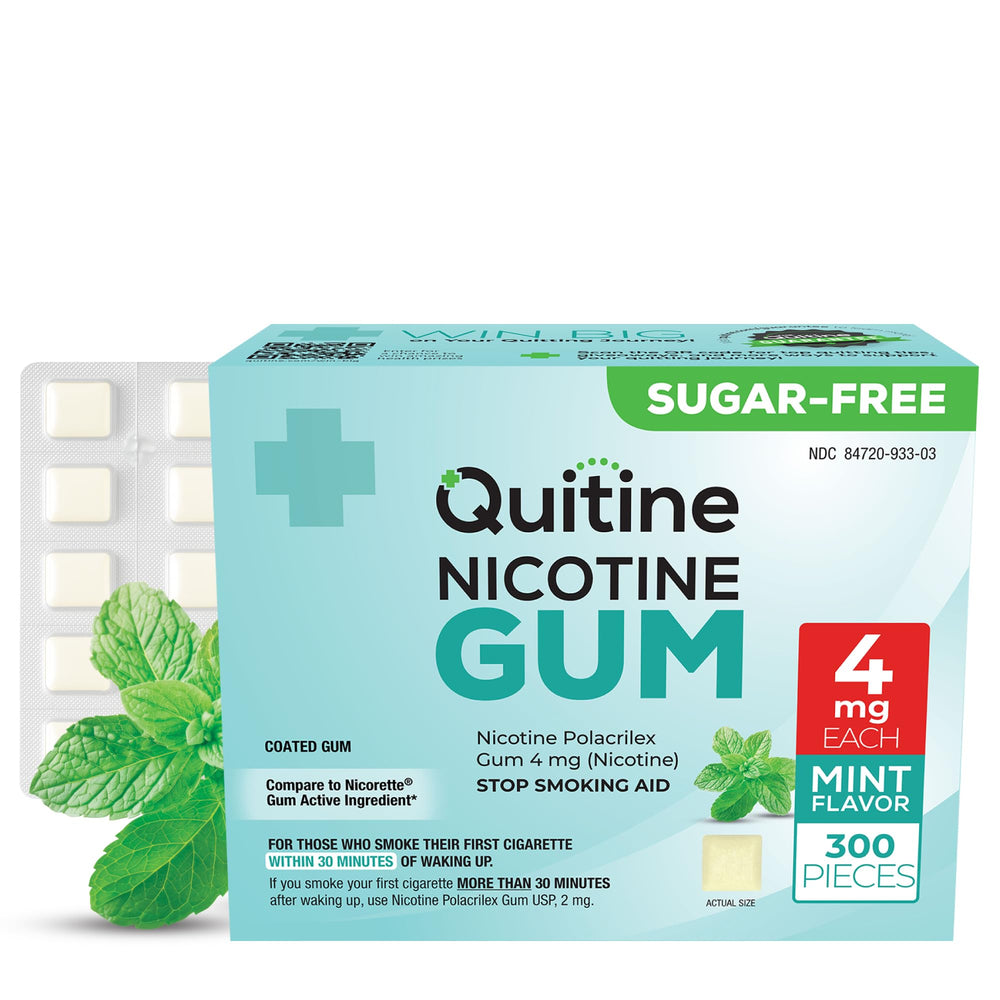 Quitine goma nicotina 4 mg sabor menta, empaque frontal, ayuda a controlar antojos.