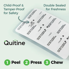 Quitine goma nicotina 4 mg sabor menta, uso en mano para aliviar antojos durante el día.