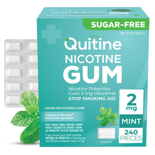 Quitine nicotine gum 2mg mint pack shows long lasting flavor for cravings on the go.